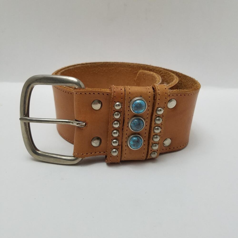 Vtg Womens Leather Belt 2" Wide Western Boho Faux Turquoise Brown